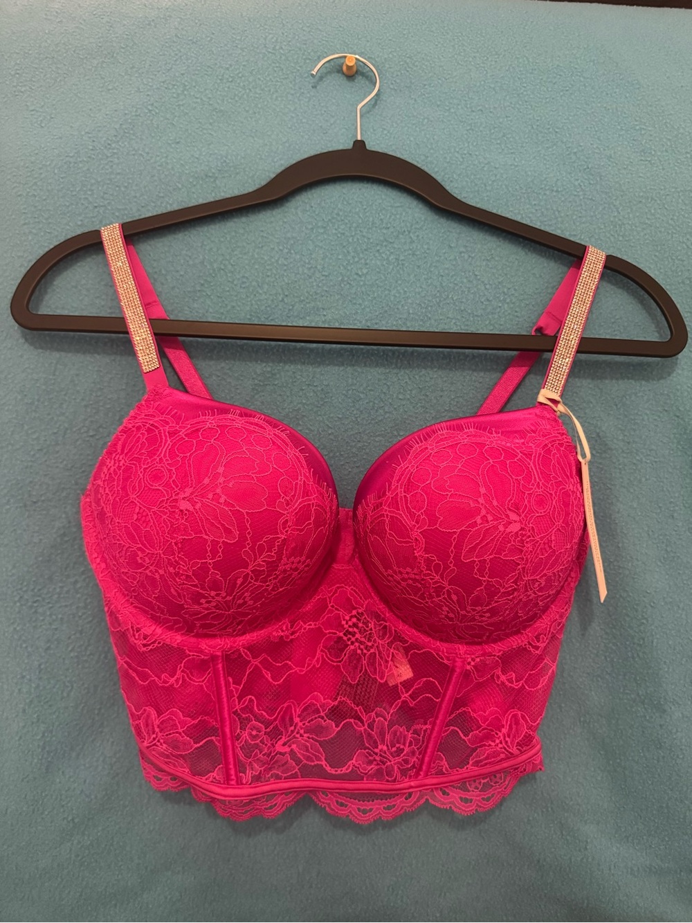 Lace Longline Push-Up Bra - Hot Pink